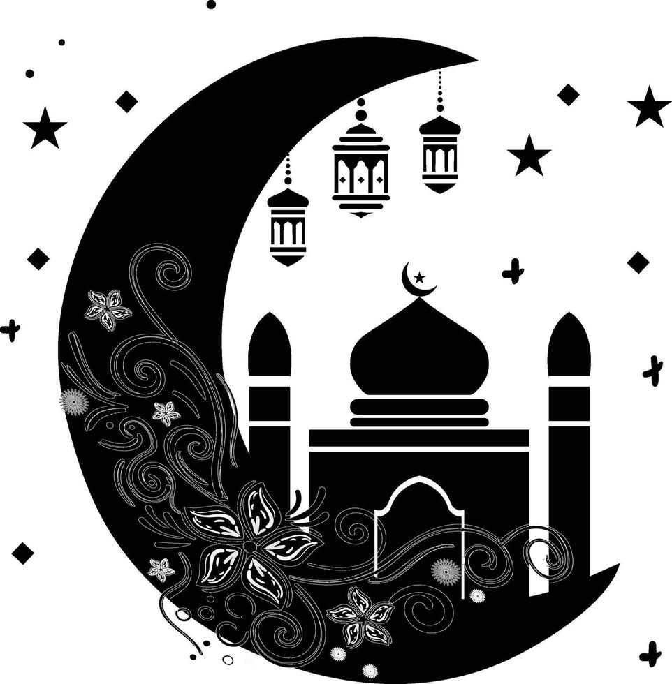 Ramadan Mosque Crescent Moon with Floral and Lantern Elements vector