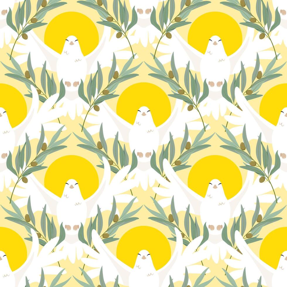 Seamless pattern of White doves of peace with outspread wings and halo with olive branches for the religious holiday of Pentecost vector