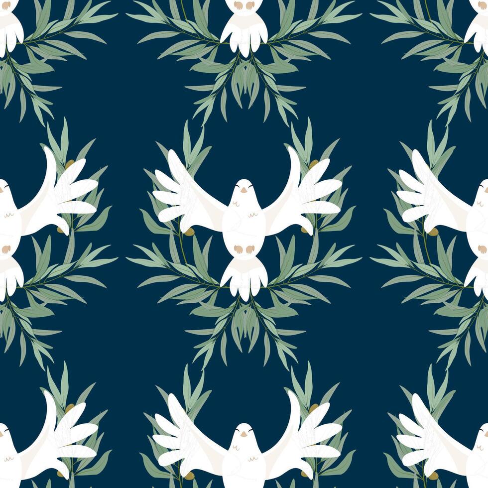 Seamless pattern of White doves of peace with olive branches for the religious holiday of Pentecost vector