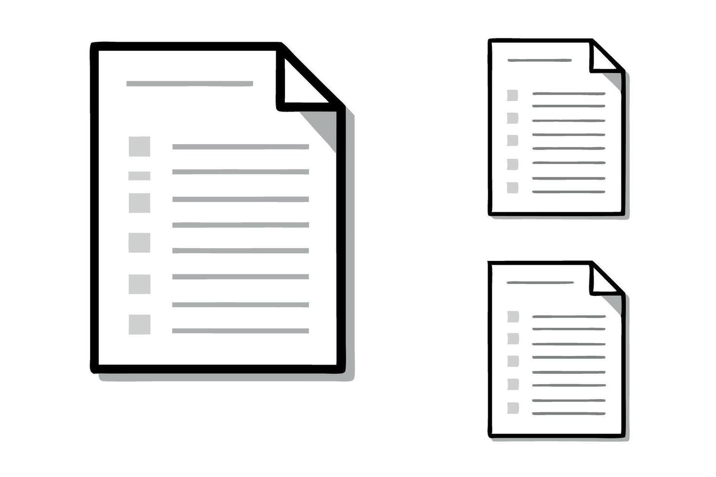 Line art icon set depicting simple paper sheets with lined writing, a folded corner, perfect for documents, writing, or school notes vector