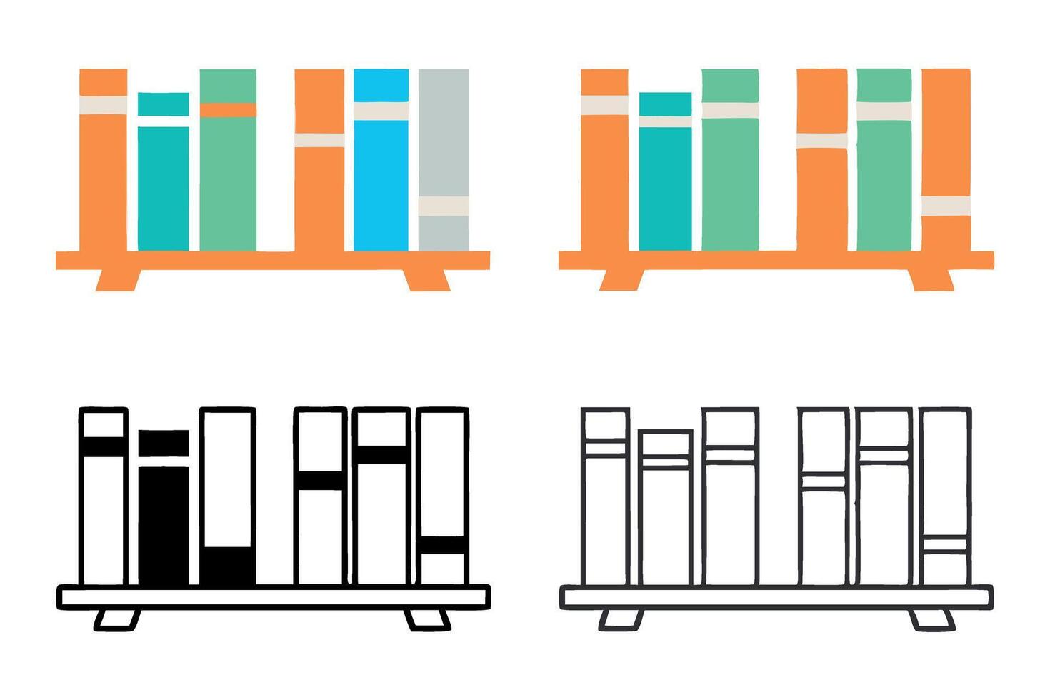 line art icon set of library bookshelf with colorful books, modern book shelf, minimalist design, home library decor vector