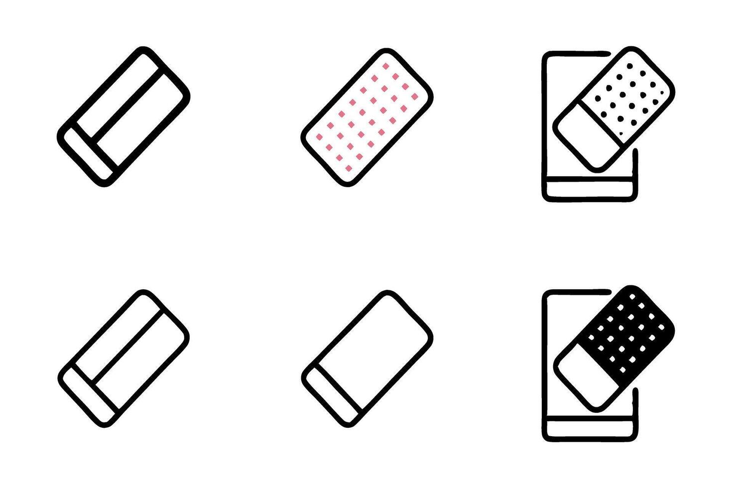 Line art icon set of erasers in different positions, showcasing various eraser designs and their unique features, perfect for creative use in digital projects. vector
