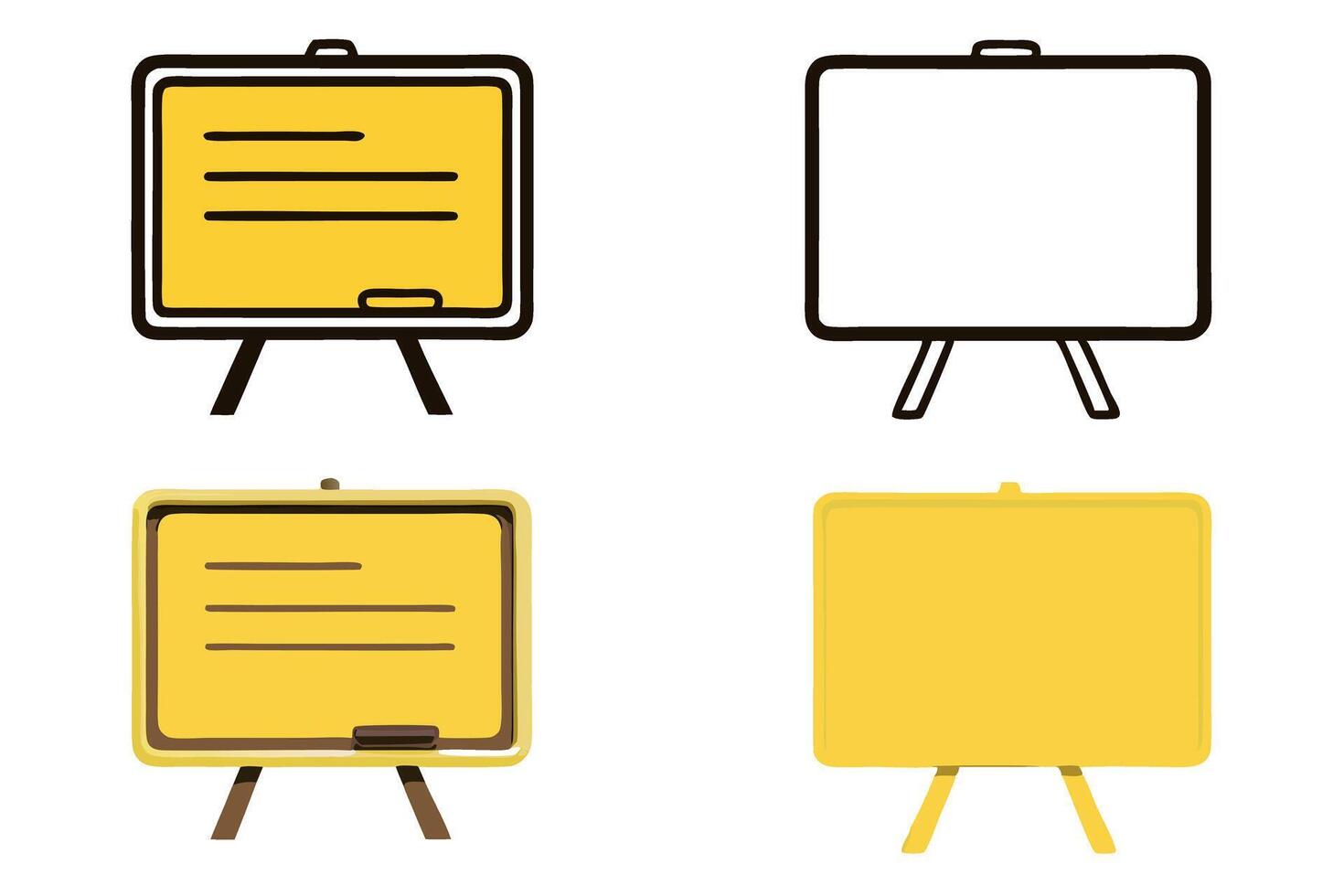 Set of line art icons featuring a variety of chalkboards and whiteboards in different styles and colors, ideal for educational and office settings, line art icon set vector