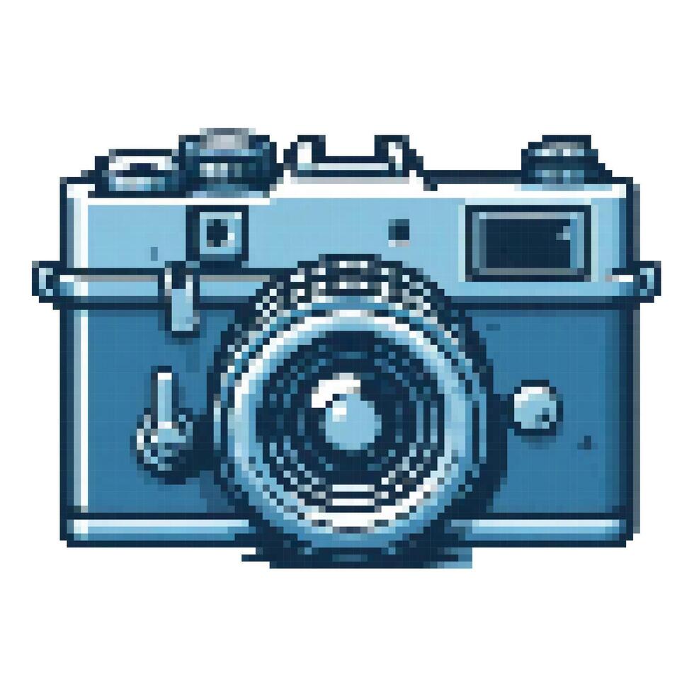simple y2k pixel art illustration classic blue camera, white background. vector
