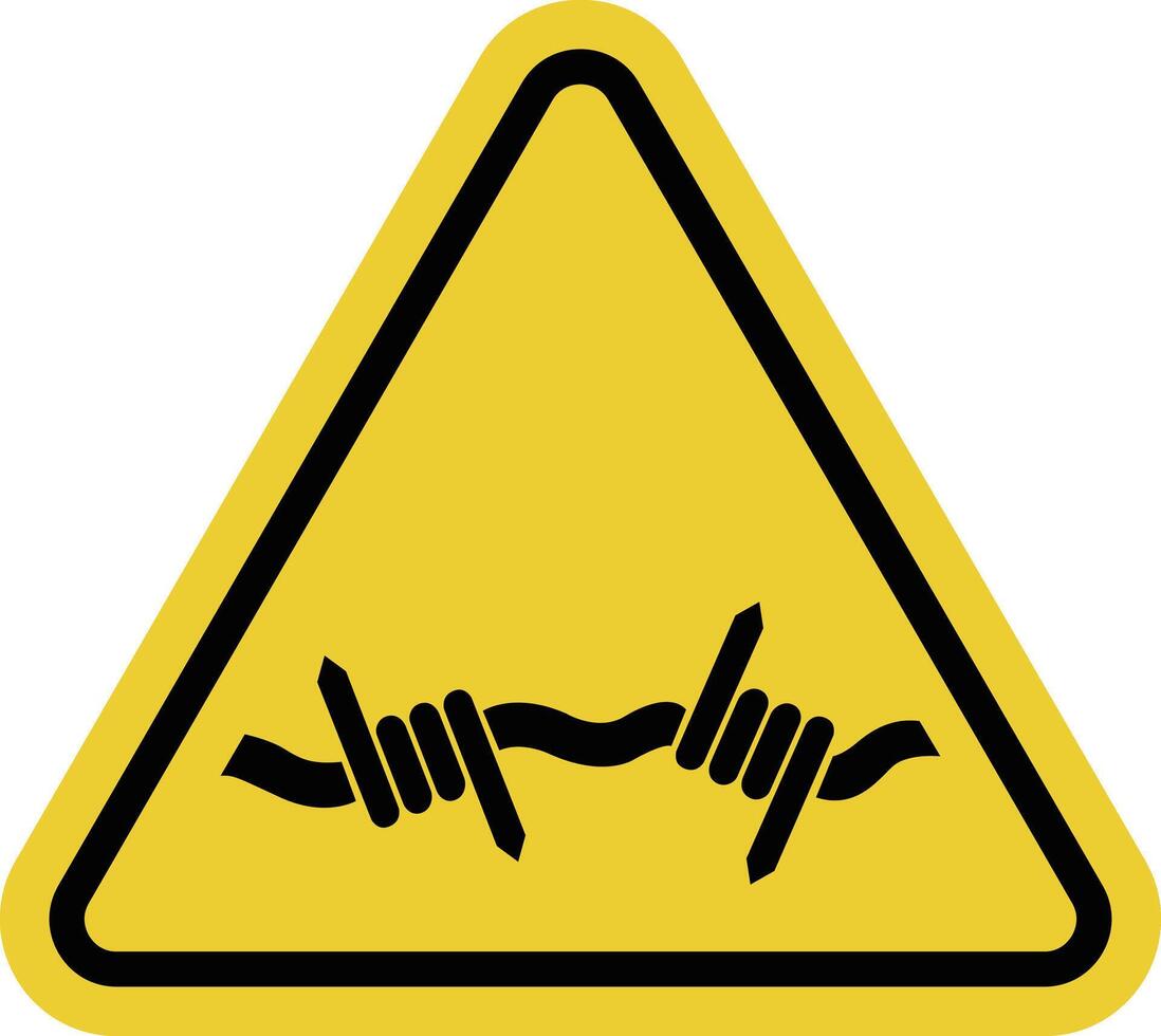 Barbed wire sign. May cause injury on contact. Beware of dangerous fence. Caution, sharp edge. Closed areas. Warning yellow triangle road sign. vector