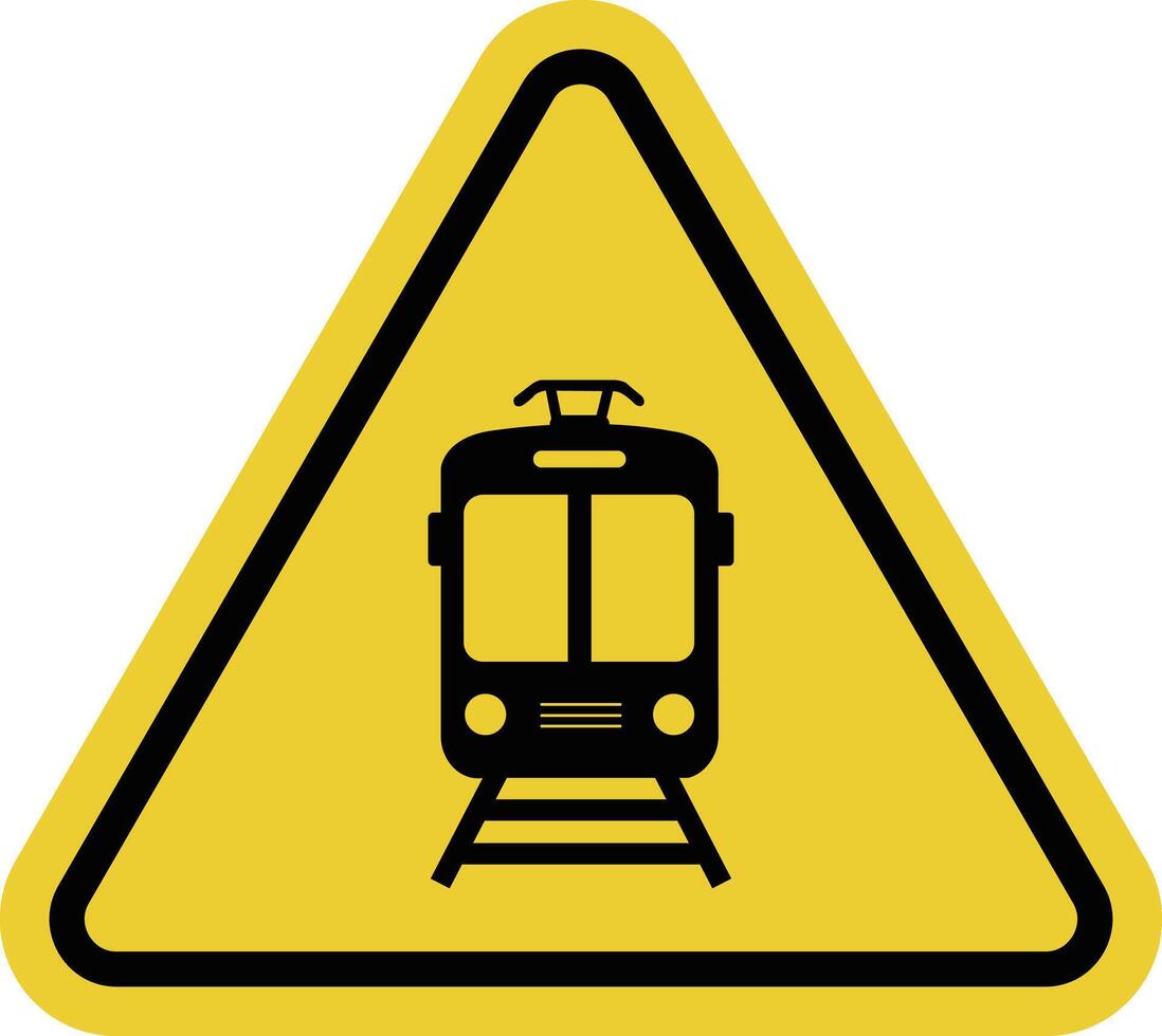 Train sign. Railway sign. Warns of approaching railway tracks and possible movement of a train. Be attentive and careful when crossing railway tracks. Warning yellow triangle road sign. vector