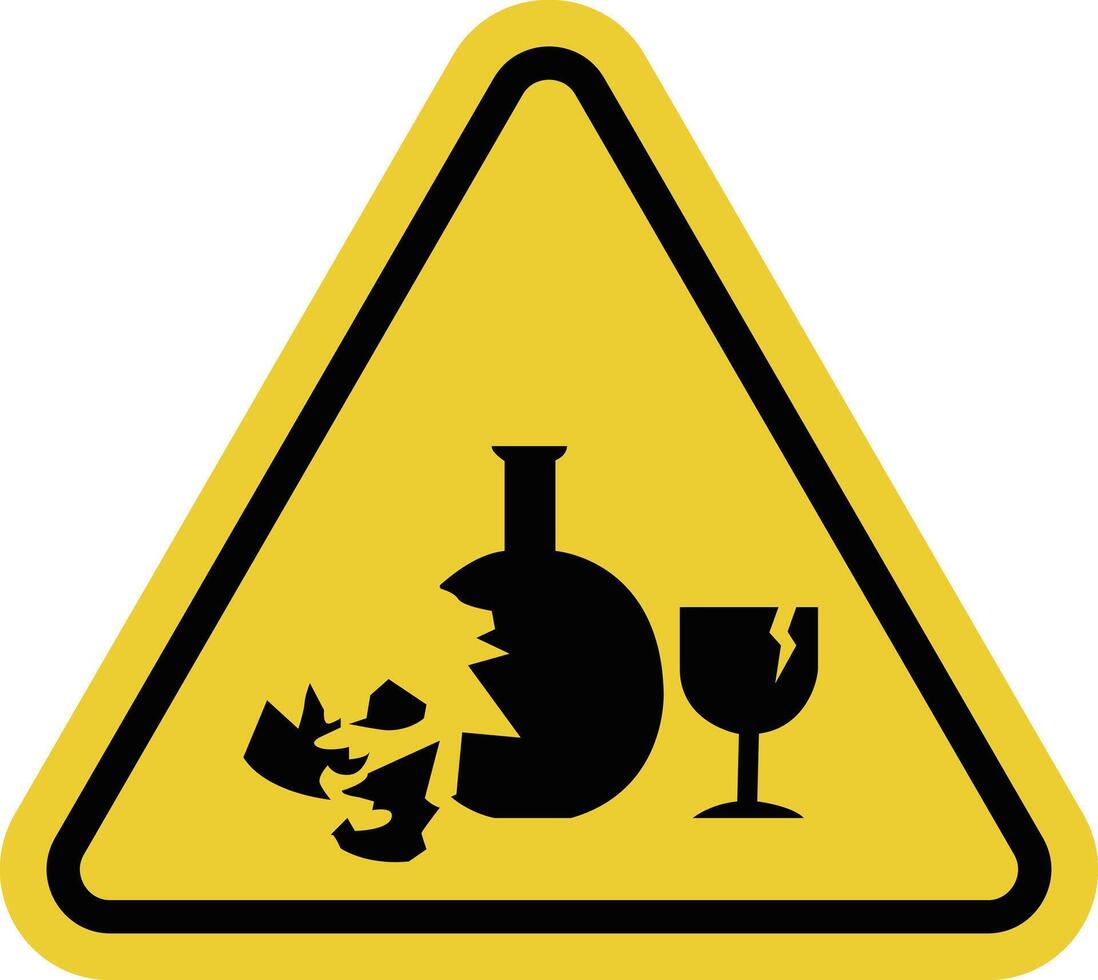 Broken glass sign. Danger of cuts from sharp glass shards. Broken glass products. Be careful glass can be sharp and invisible. Warning yellow triangle road sign. vector