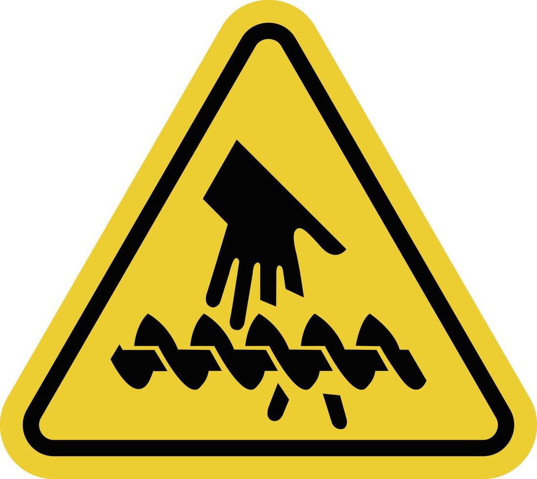 Hand injury sign. Equipment with dangerous sharp parts. Conveyors with metal hooks. Working with dangerous equipment. Warning yellow triangle road sign. vector