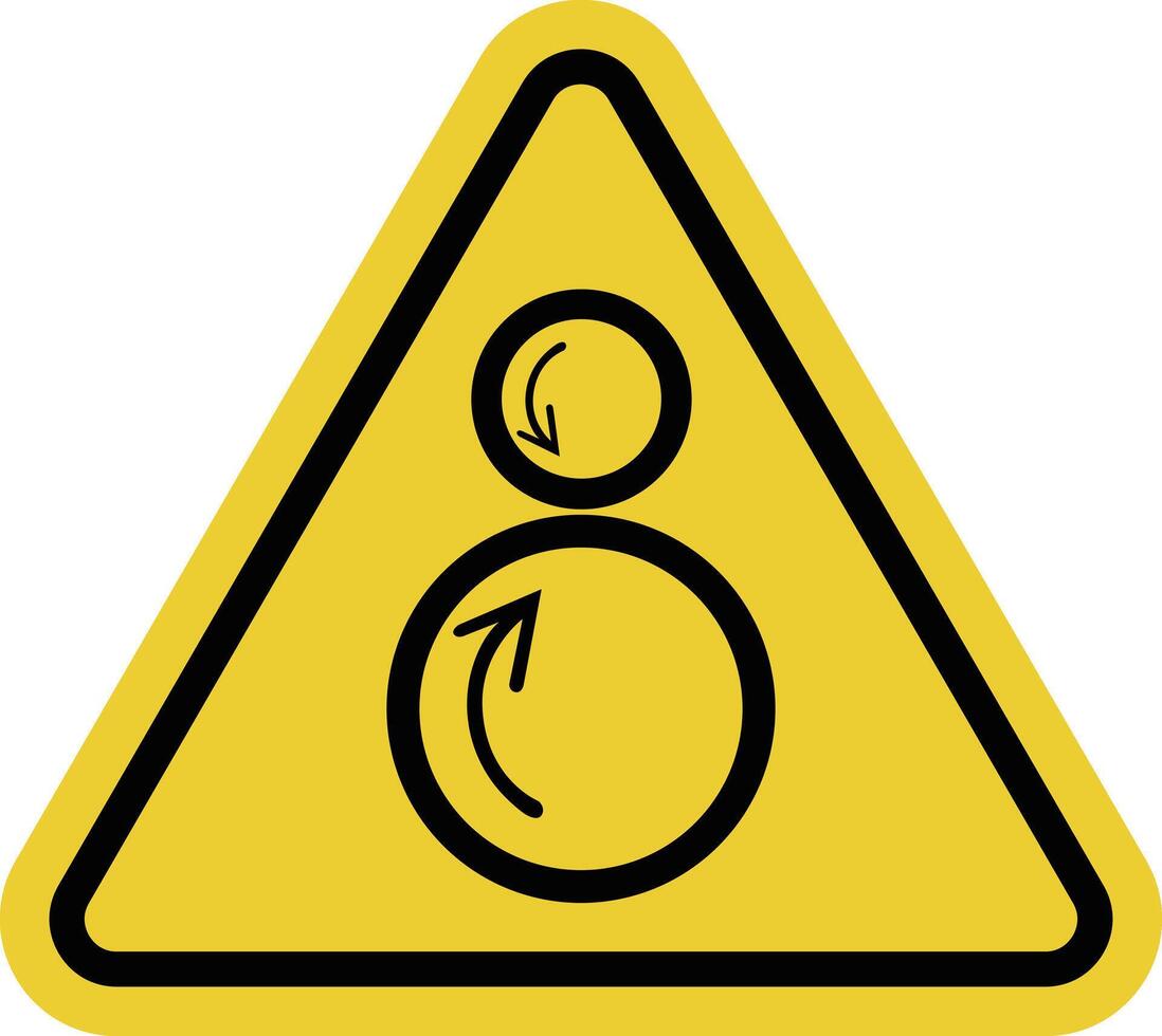 Sign of a mechanism with rotating rollers that move in opposite directions. Danger of catching, pulling in or pinching body parts, clothing and tools. Warning yellow triangle road sign. vector