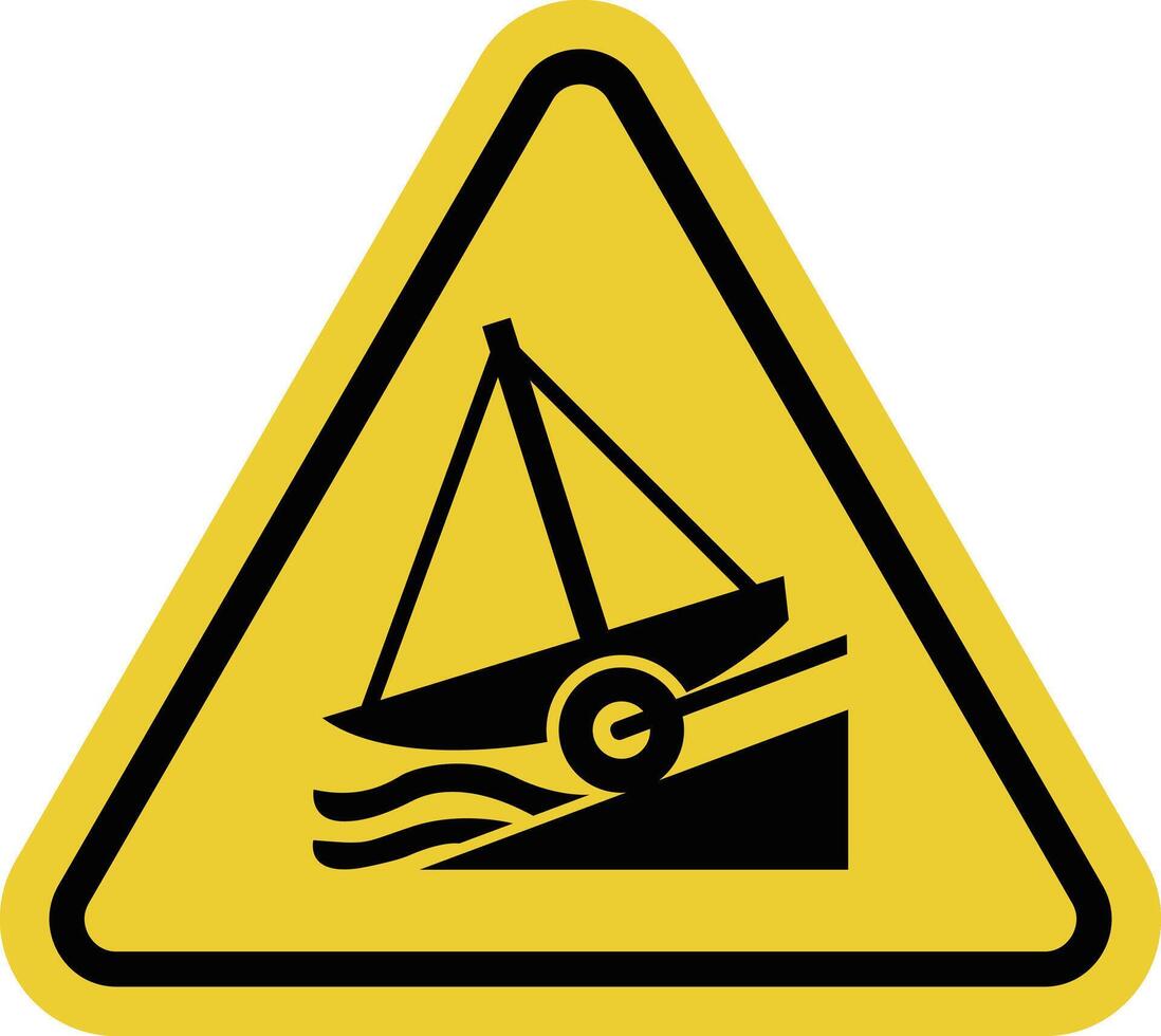 Boat slipway sign. Steep slope leading into the water. Specially equipped slipways. Launching vehicles into the water. Water safety. Warning yellow triangle road sign. vector