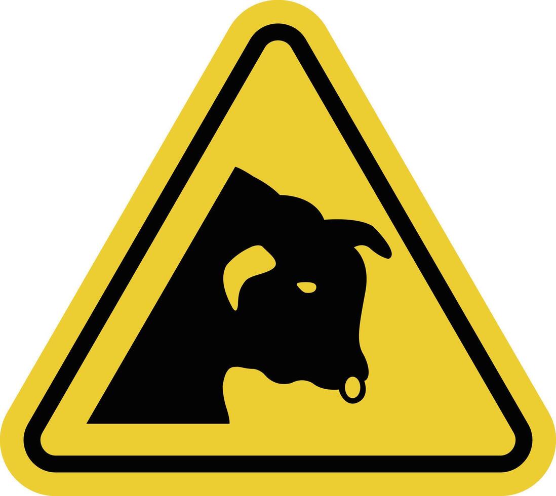 Bull warning sign. Warning yellow triangle road sign. Caution, bulls nearby. Danger area. Risk of injury. Wild bulls or other large cattle. Free ranging animals may enter the road. vector