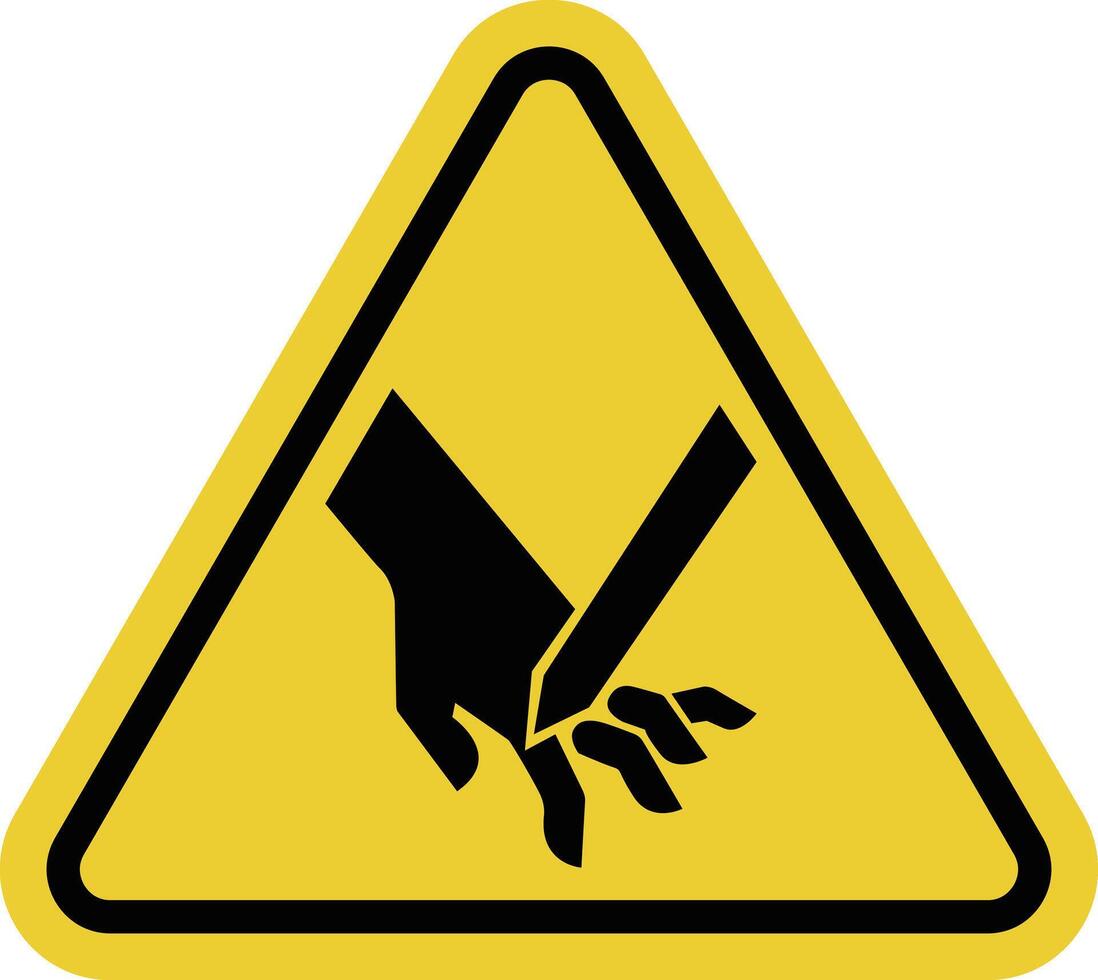 Hand injury sign. Sharp cutting or piercing objects. Cut or dangerous contact. Risk of crushing. Mechanisms with open sharp elements. Warning yellow triangle road sign. vector