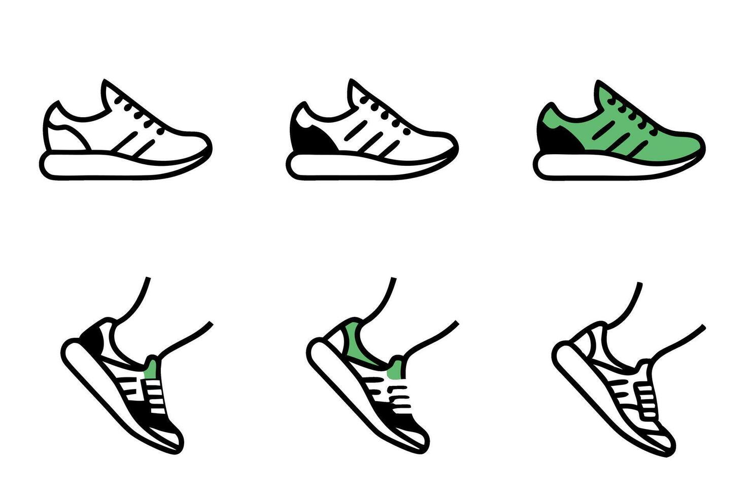 Trendy green athletic shoes offering comfort and style, designed for sports and daily wear with an innovative, sleek design Line art icon set vector