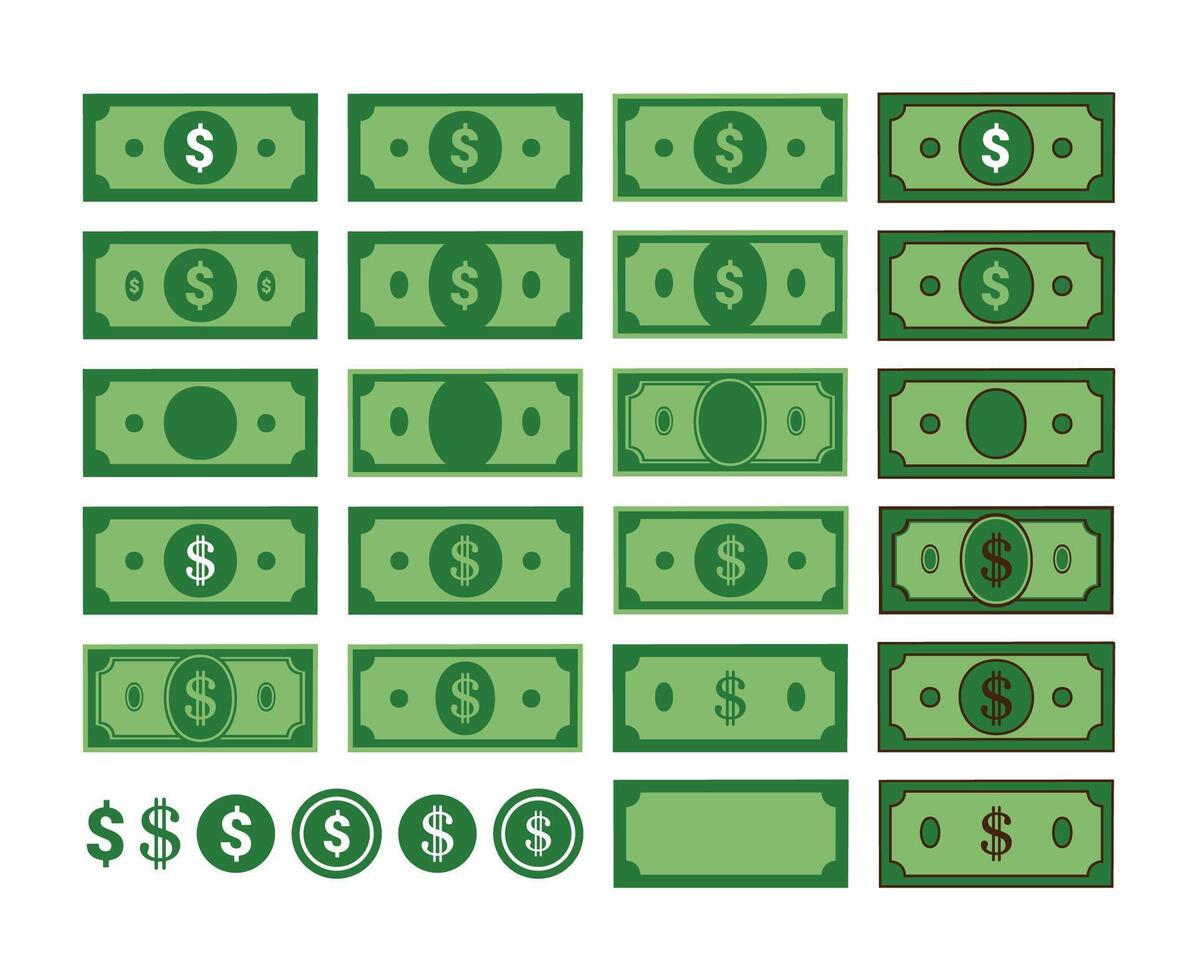 Money and Dollar Set, Different Green Bill Designs vector