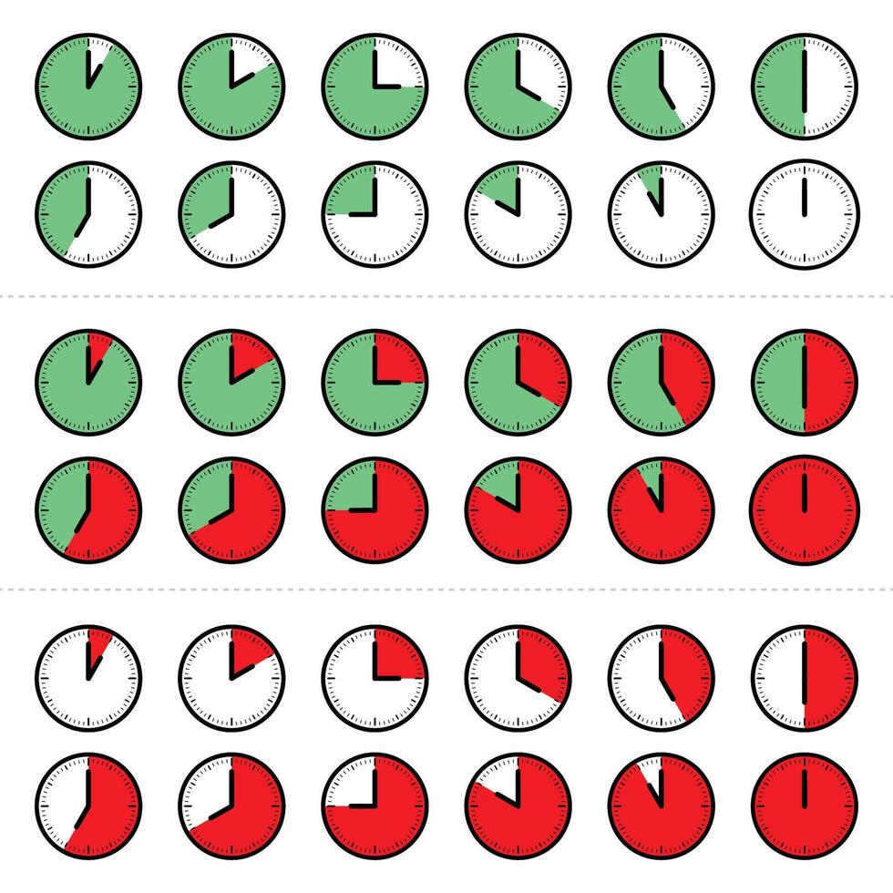 Clock icon with parts hour set, Red and green stopwatch signs, Countdown timer symbols vector