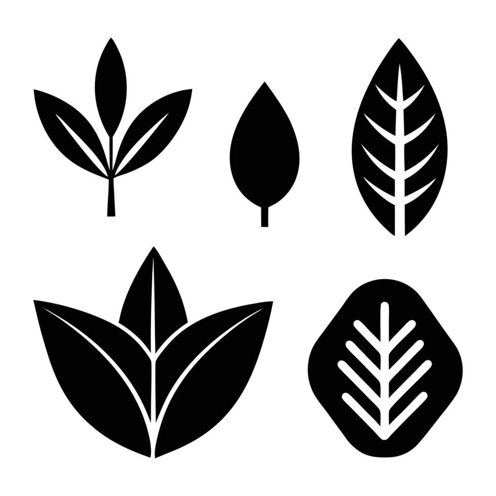 Collection of Five Black Leaf Silhouettes on White Background vector