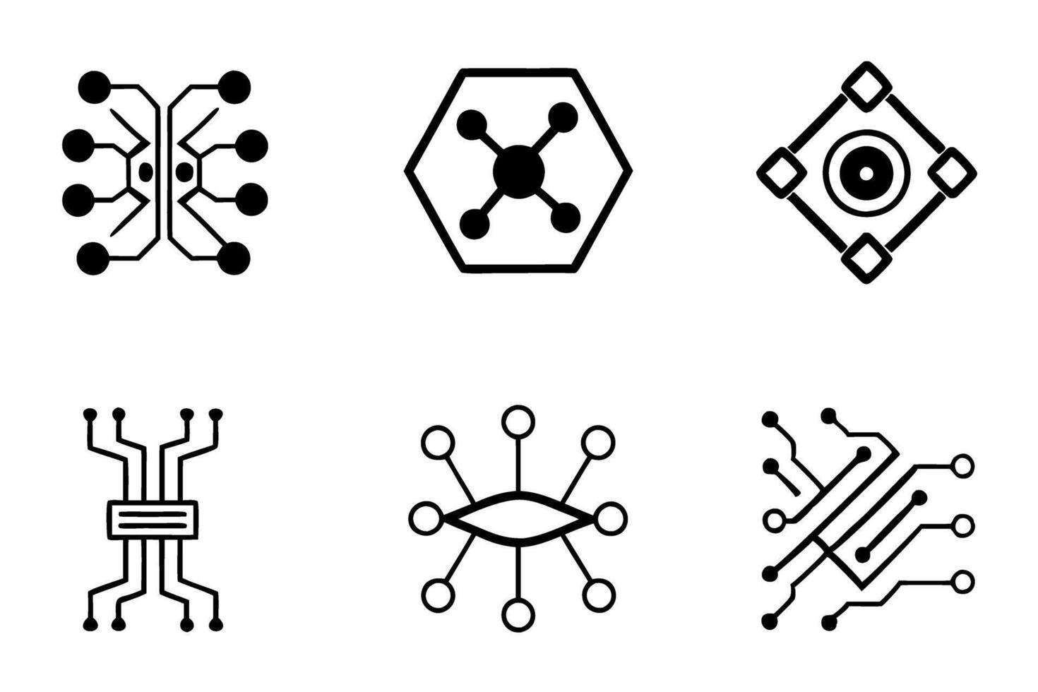 Futuristic circuit board design with glowing white lines and glowing blue elements, technology concept, high tech interface, abstract digital network connections tech line art icon set vector