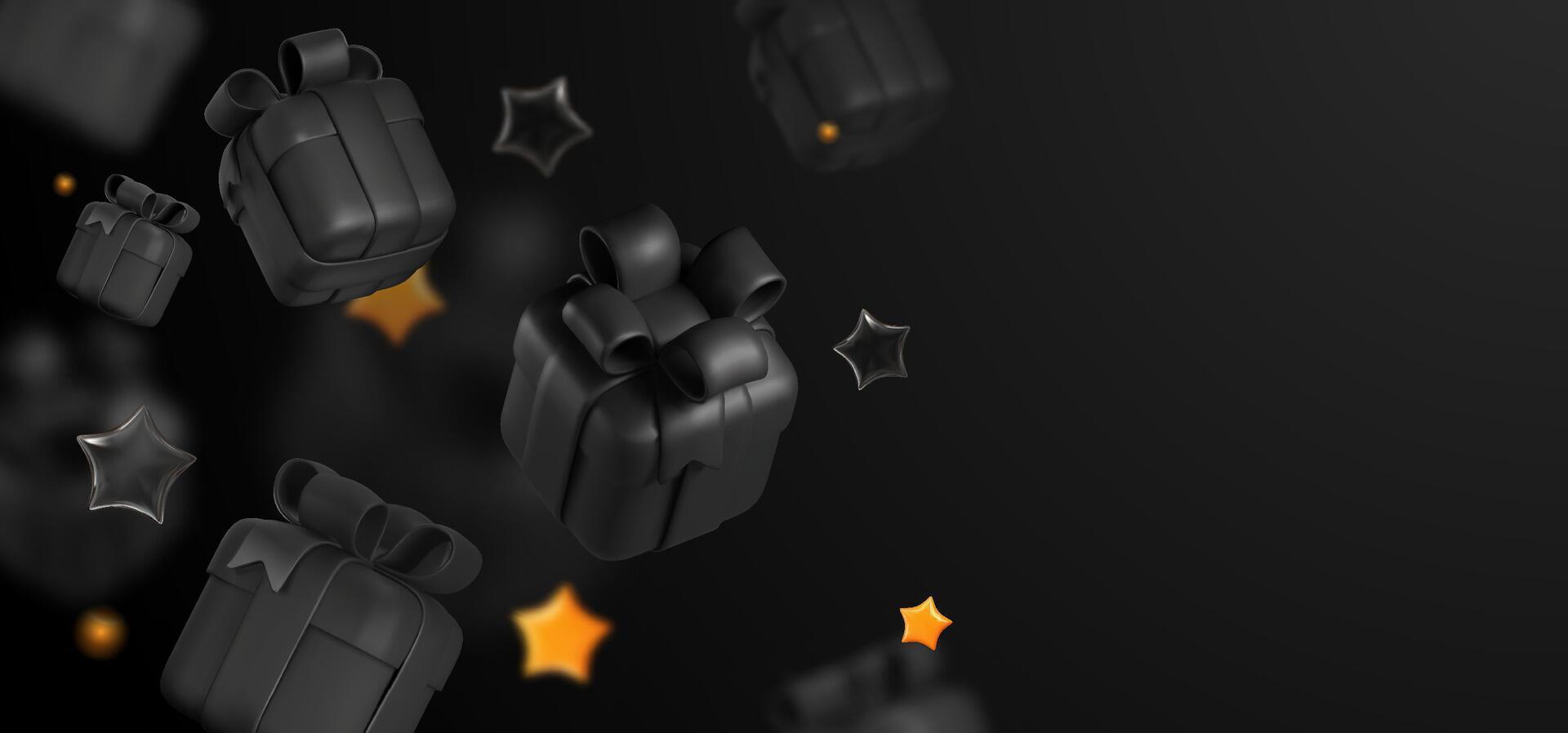 Luxury Black Gift Boxes with Bows and Glowing Stars on Dark Background, Perfect for Holiday Promotions, Sales, and Celebrations, Elegant 3D Design for Marketing. Illustration. vector