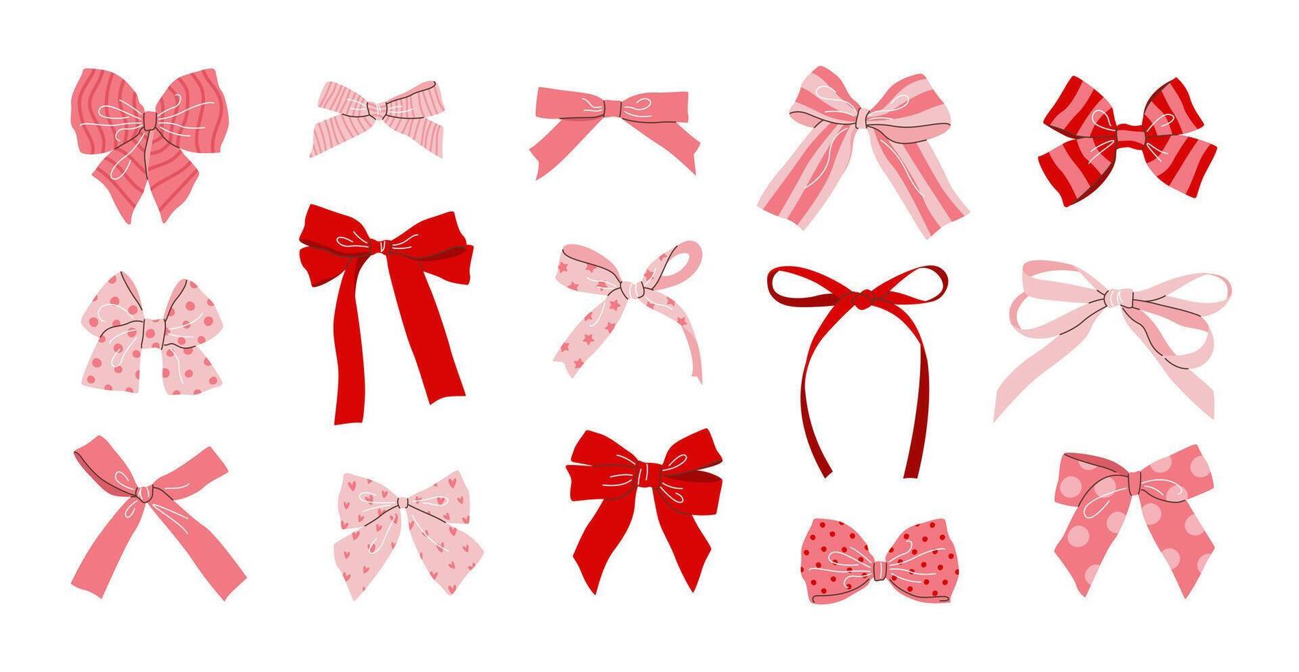 Set of hand drawn patterned bows, bow knots, bow ties, ribbons, and hair bows. Festive isolated elements on white. Collection of red and pink bows in flat style for celebration designs. vector
