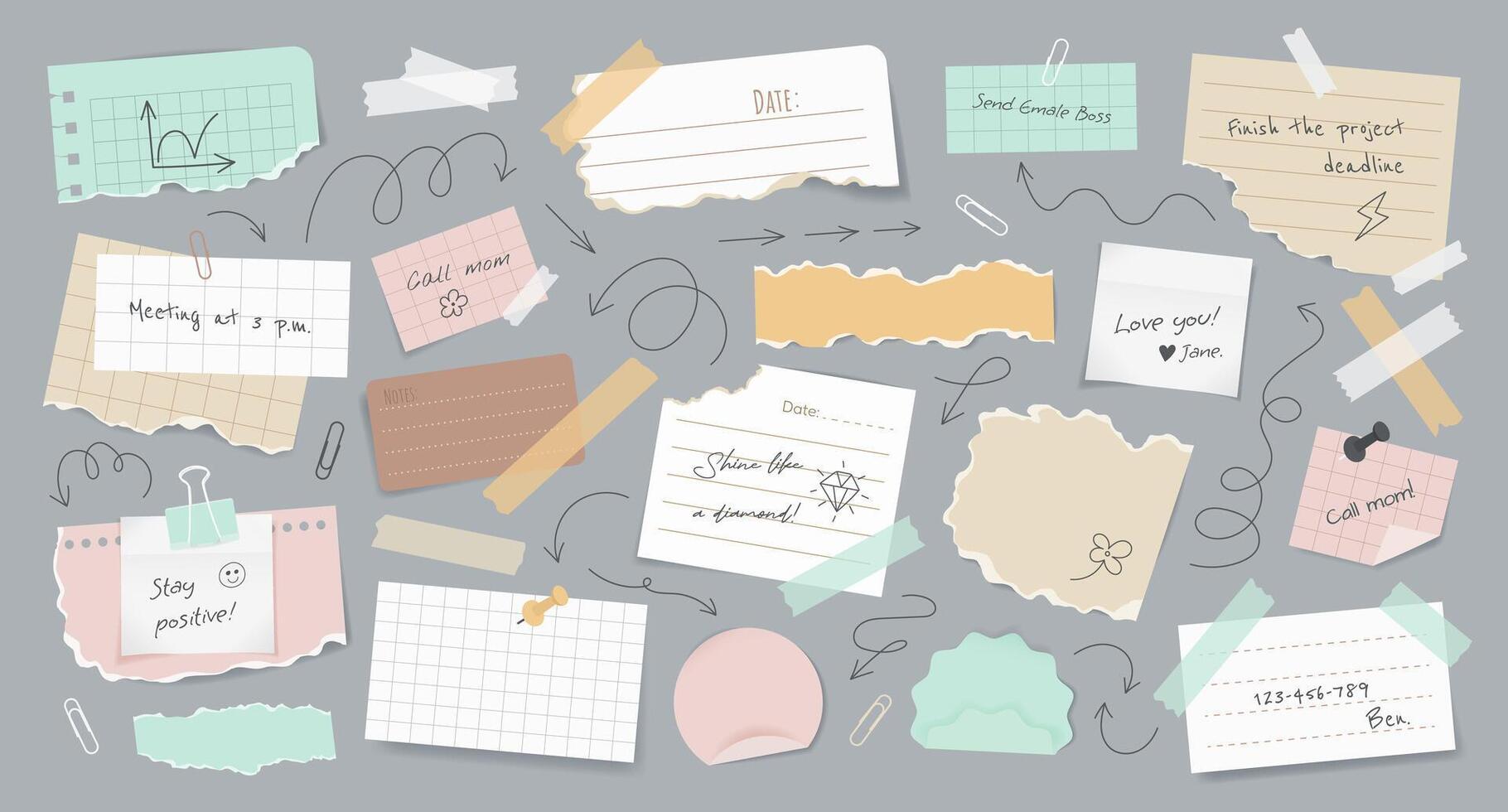 Set of realistic torn paper notes, stickers, to do list, duct tapes, paper clips, doodle elements and arrows. Isolated multicolored sticky papers, reminders for mood boards, scrapbooking on background vector