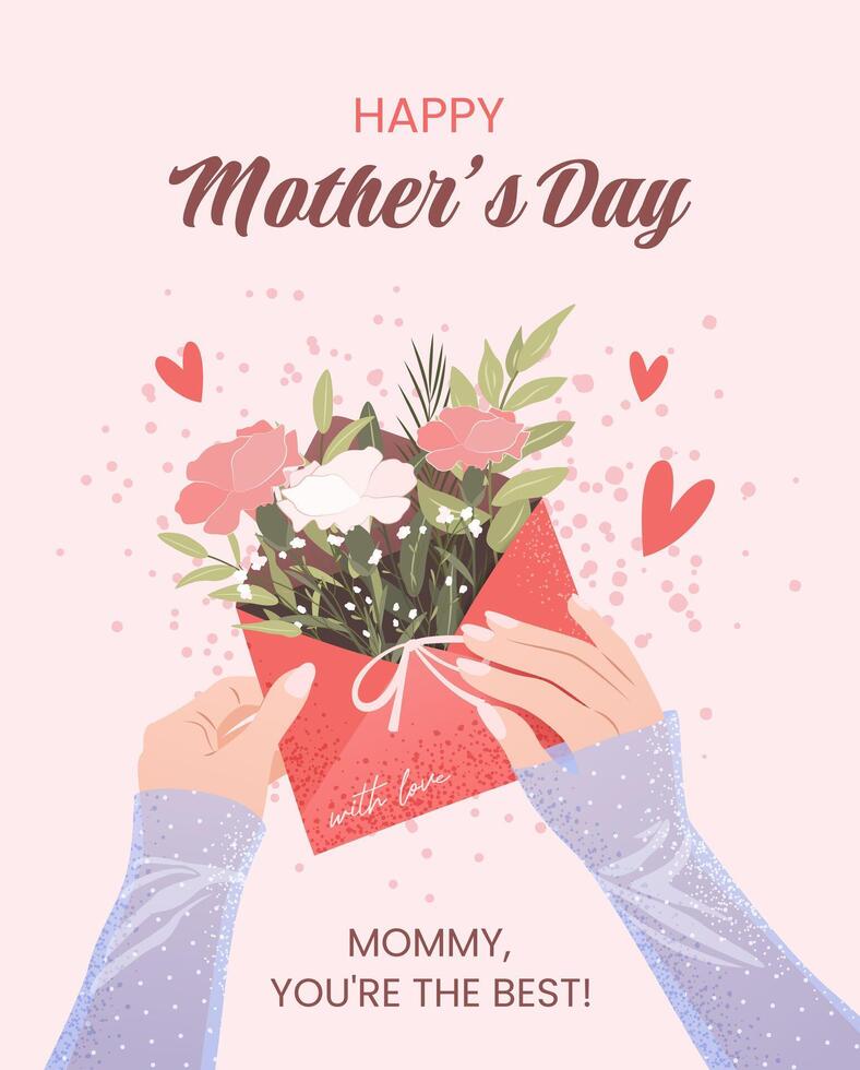 Happy Mother's Day concept. Festive vertical greeting card or poster. Female hands holding an envelope with flowers and herbs. Cute illustration in a flat style. vector