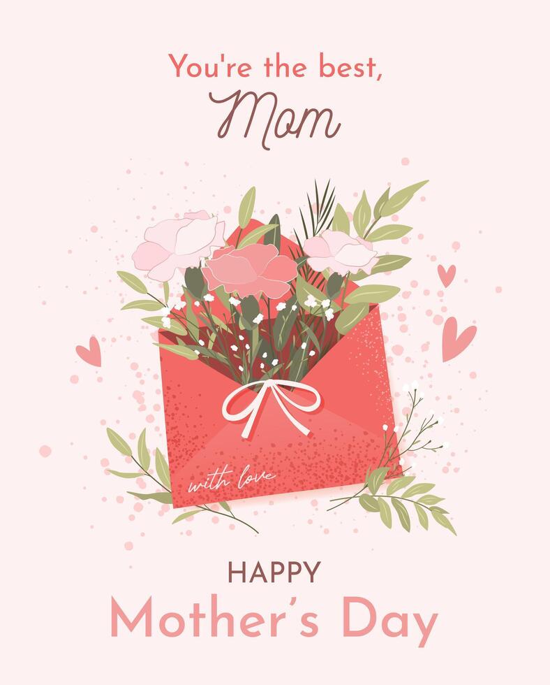 Happy Mother's Day concept. Festive vertical greeting card or poster. Envelope with herbs, carnations and bow. Cute grainy illustration with flowers, hearts and text in a flat style. vector