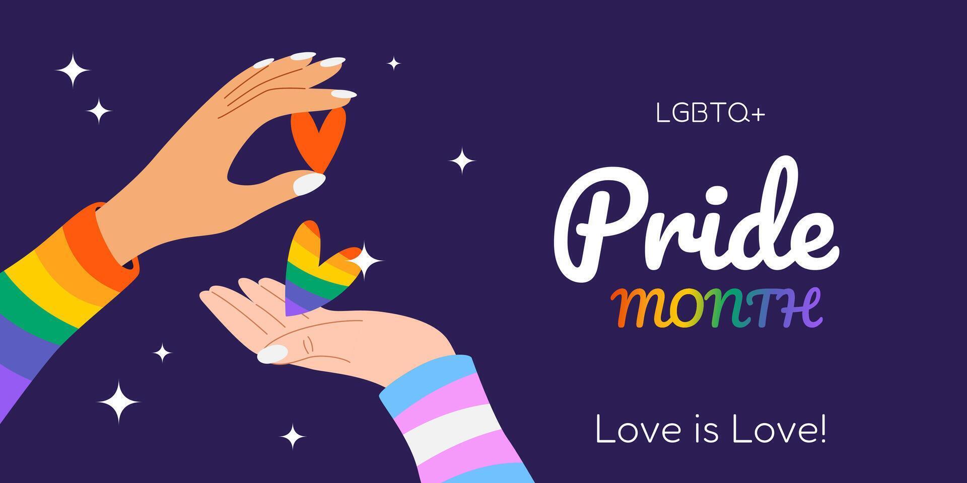 Happy Pride Month. Horizontal festive template for social media posts, banners, backgrounds. LGBTQIA. Hands holding hearts. Design for festival parades, parties, and events. vector