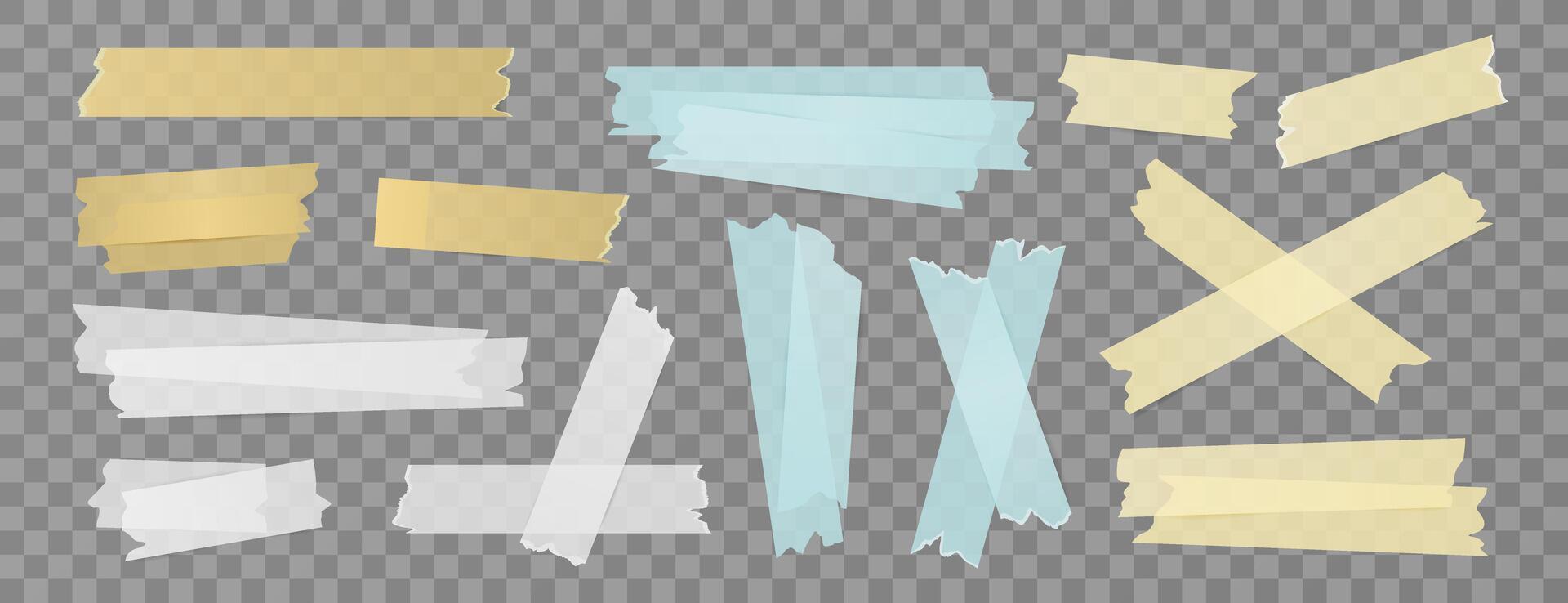Set of isolated sticky stripes, duct tapes, adhesive notes, stickers. Transparent multicolored elements on background. Collection of papers for collages, office and school designs, reminders. vector