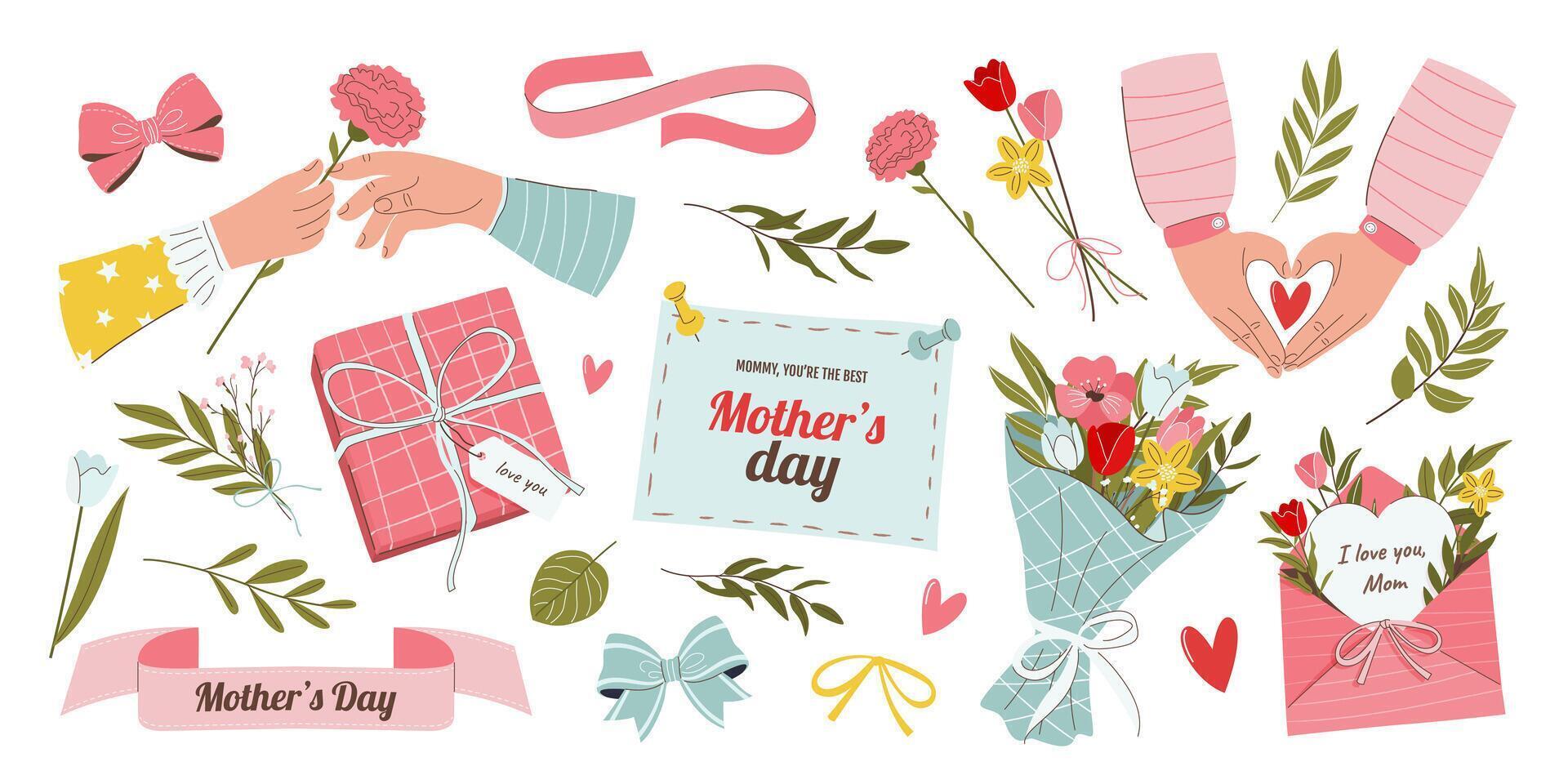 Happy Mother's Day. Various hand drawn clipart bundle. Set of cute flat illustrations. Isolated elements on white background. Objects for scrapbooking and collages. vector