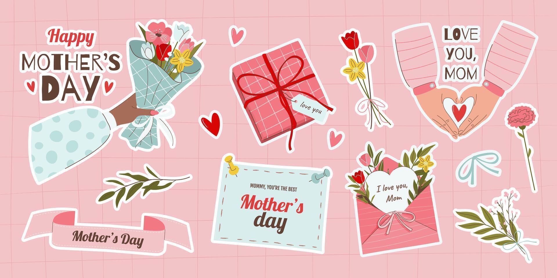 Happy Mother's Day. Set of various hand drawn stickers. Bundle of cute illustrations and celebratory text. Isolated elements on pink background. Clipart for scrapbooking or collages. vector