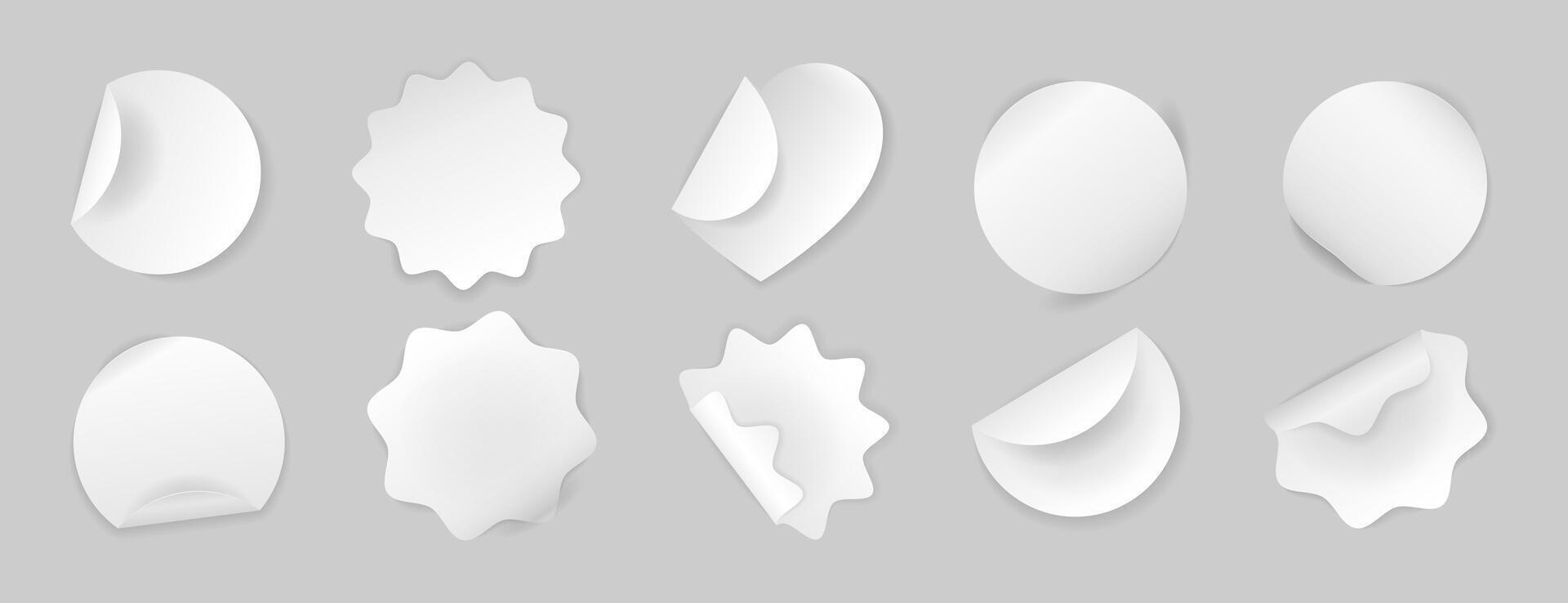 Set of realistic white stickers. Isolated blank paper sheets with curved and wavy edges on background. Different elements for notes, mockups, planners, journaling. Various badges, sticky notes. vector