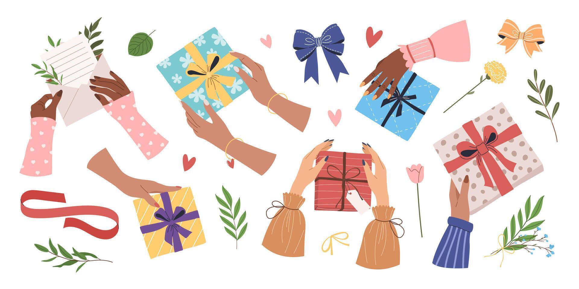 Set of female hands with gift boxes, bows, flowers and herbs. Hand drawn clipart bundle. Isolated flat illustrations on white for Happy New Year, Mother's Day, Valentine's Day and birthday designs vector