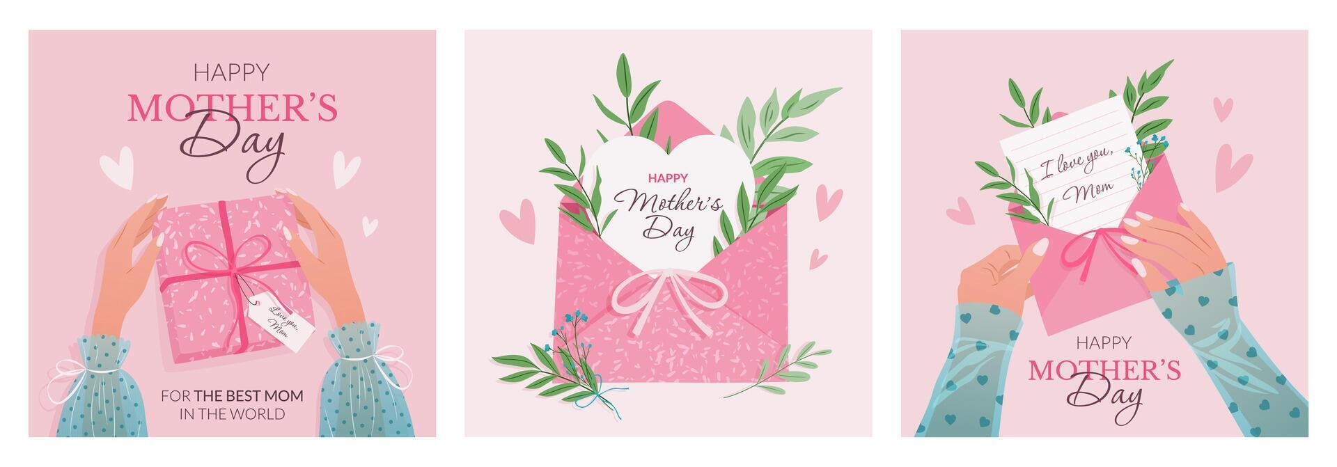 Set of festive square greeting cards, posters or social media posts. Happy Mother's Day concept. Female hands holding a gift box, envelope with card. Cute illustrations in flat style. vector