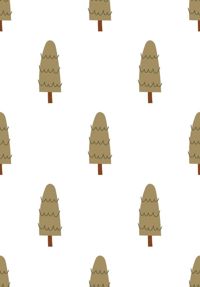 Seamless pattern with simple conifer trees in doodle style. Hand drawn forest elements with layered foliage and neutral tones. illustration on an isolated background. vector