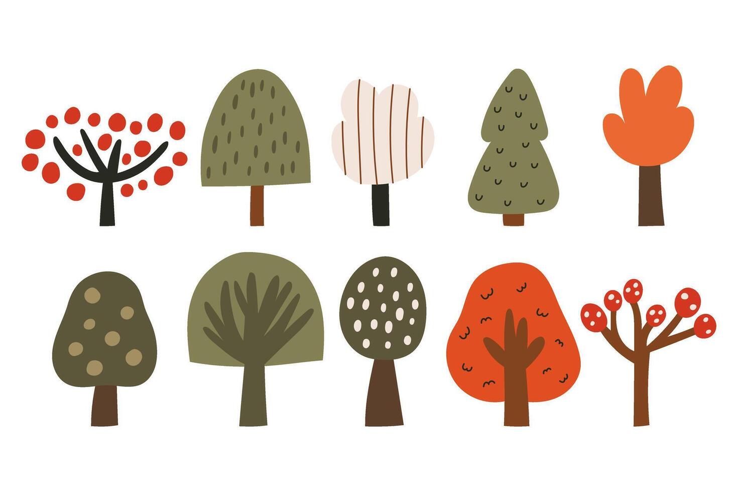 Collection of ten simple autumn trees in doodle style. Hand drawn forest elements with flat shapes and seasonal colors. illustration on an isolated background. vector