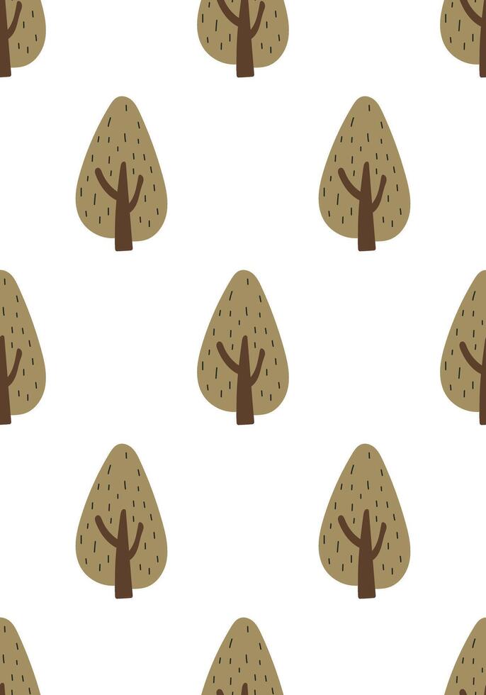 Seamless pattern with simple forest trees in doodle style. Hand drawn elements with natural shapes and earthy tones. illustration on an isolated background. vector