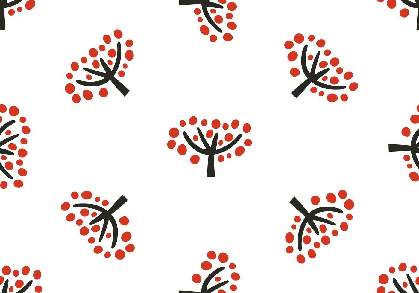 Seamless pattern with stylized berry trees in doodle style. Hand drawn minimal forest elements with bold red accents. illustration on an isolated background. vector