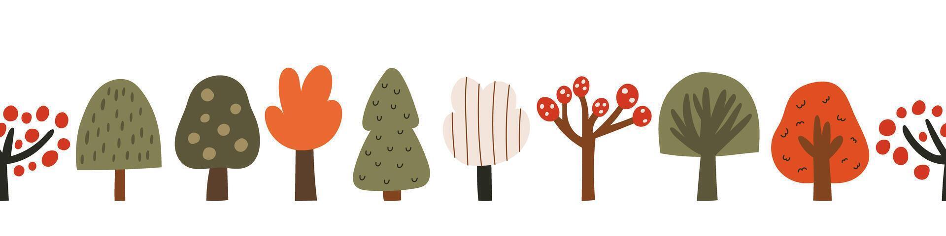 Seamless border with simple autumn trees in doodle style. Hand drawn naive forest pattern for fall design. illustration on an isolated background. vector