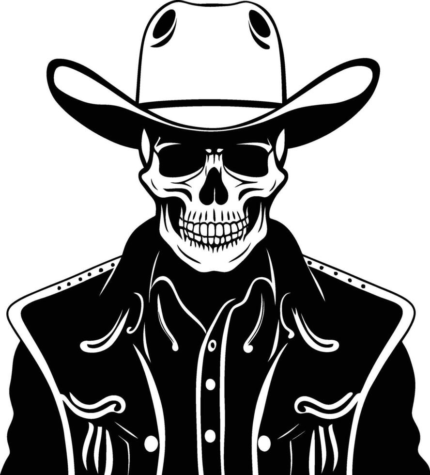 Silhouette of a Skull Cowboy Mascot Hand drawn design. skeleton with cowboy hat black and white line art. vintage wild west emblem illustration vector