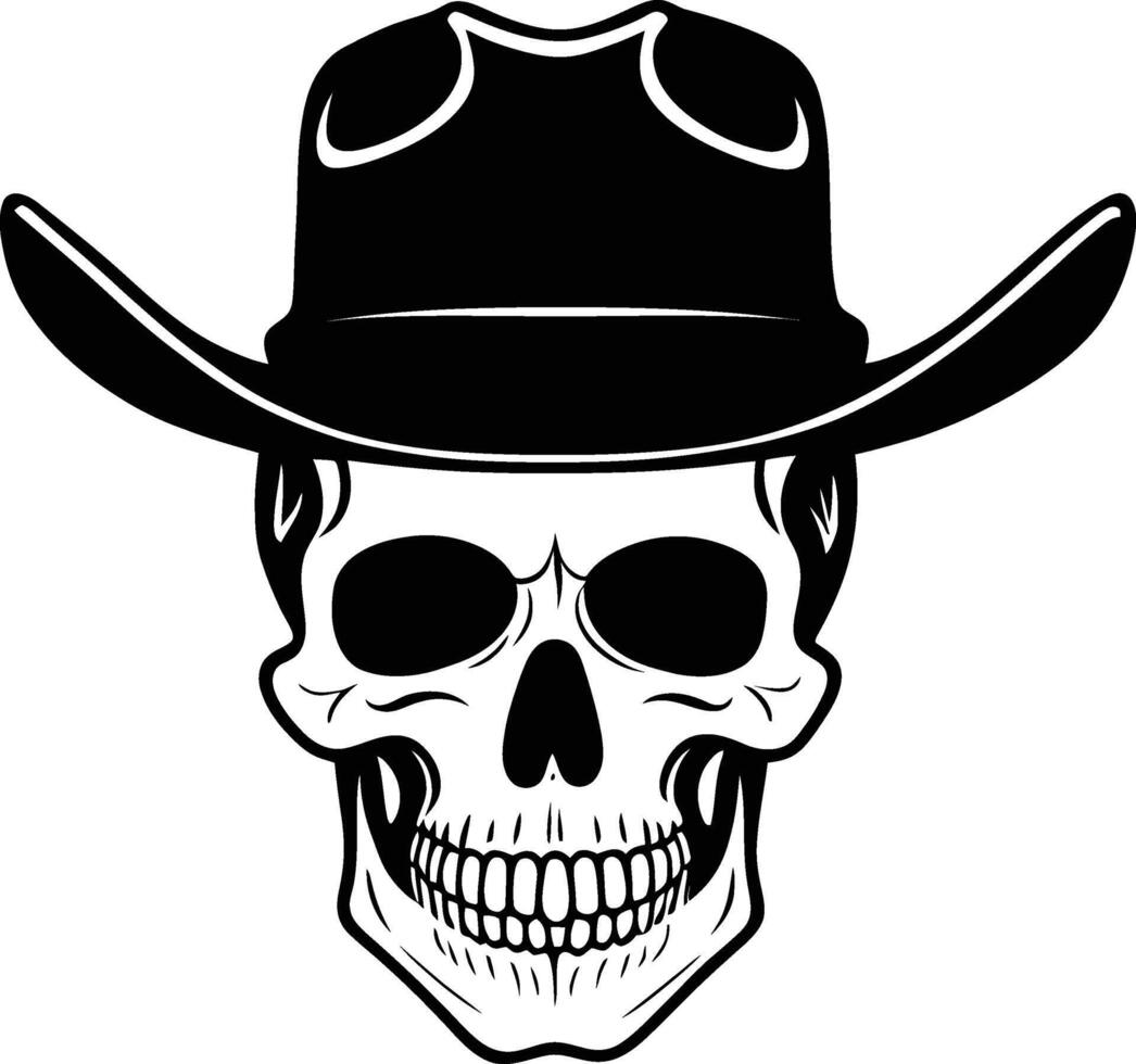 Skull Cowboy Mascot Hand drawn design. skeleton with cowboy hat black and white line art. vintage wild west emblem illustration vector