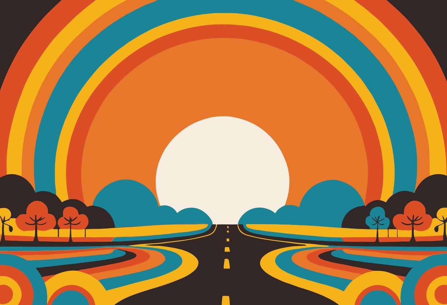 Sunrise in retro style road landscape. Colorful Psychedelic
