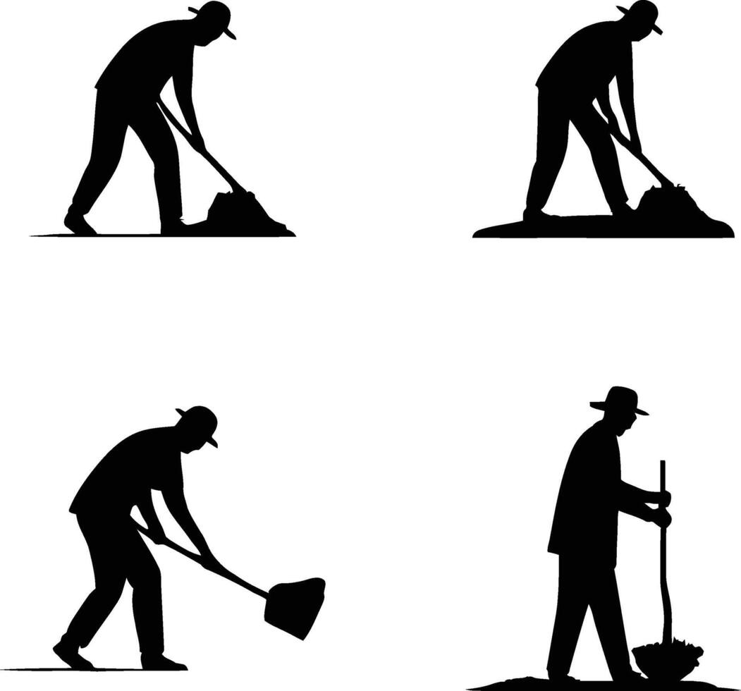 Silhouette of people Planting tree and landscaping set. gardening silhouette illustration. vector