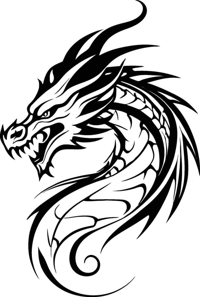 dragon tattoo. tribal tattoo. hand drawn black color. Black dragon illustration. Chinese dragon silhouette on white background. vector