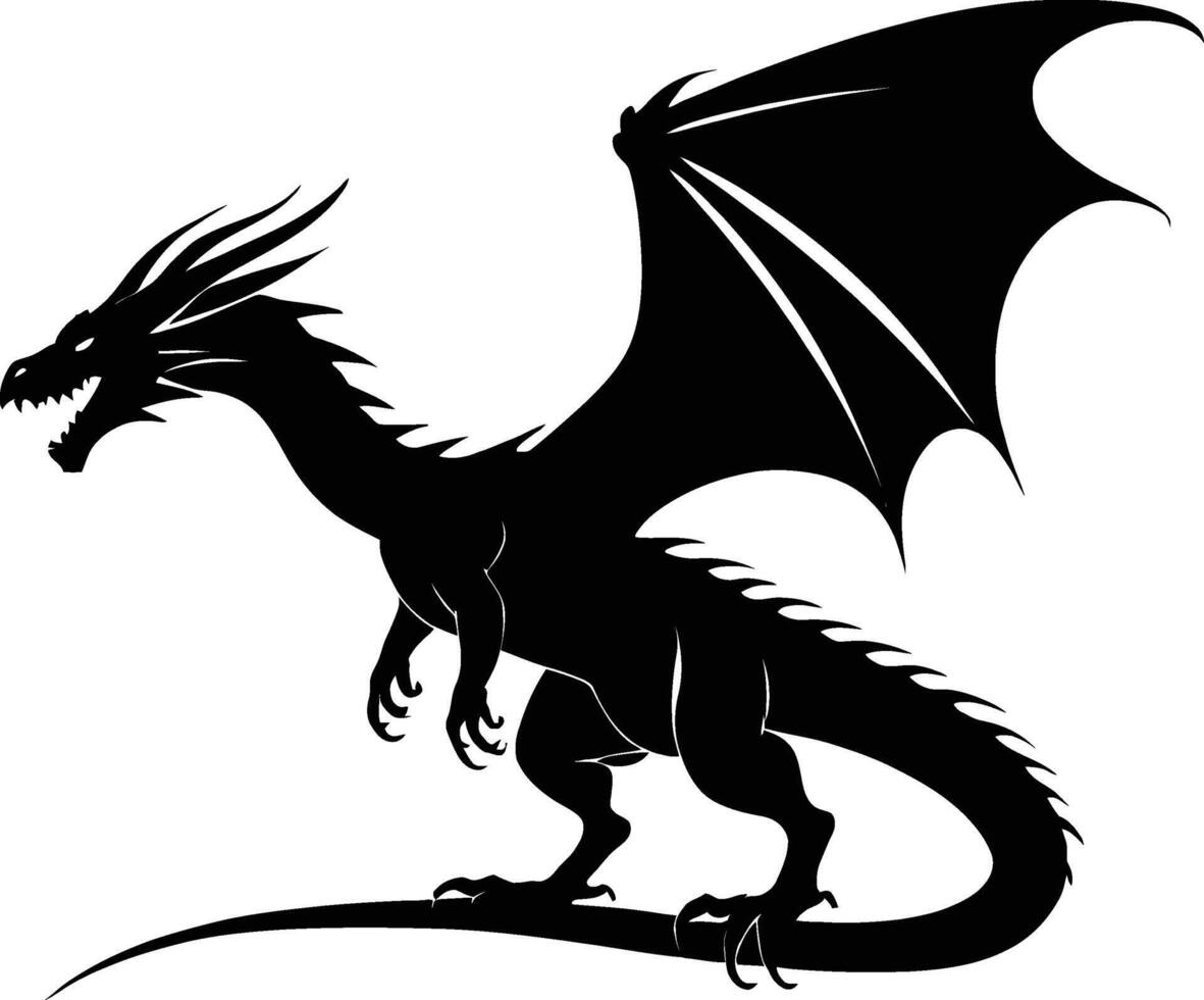 A silhouette of black dragon isolated on white background illustration. western mythology wyverns. vector