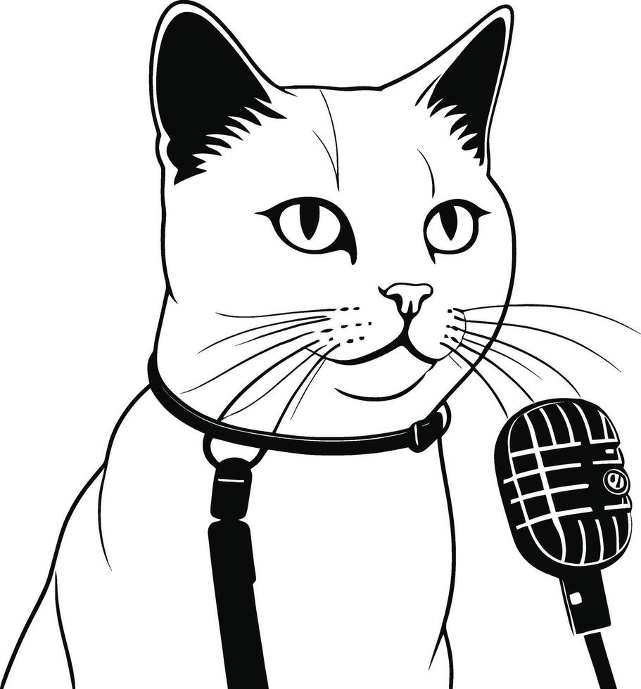 cat with a collar singing on a microphone. cartoon Illustration suitable for poster, brochure, web, mascot, sticker, logo and icon. vector