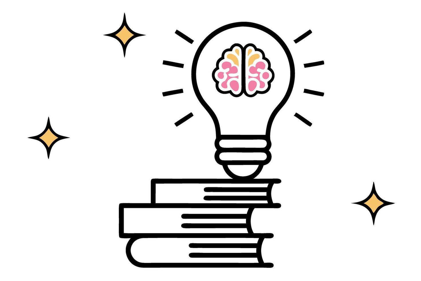 Glowing lightbulb with neon pink brain inside, inspiring intelligence and creative thinking, illuminated with books at the base, representing knowledge and ideas tech line art icon set vector