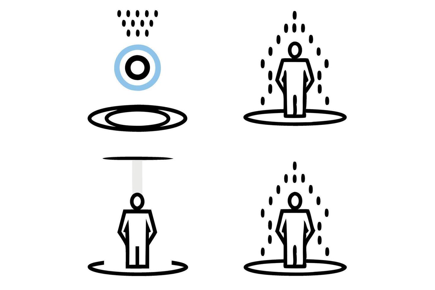 Futuristic technology concept with a glowing blue circular holographic platform showcasing a person in a glowing digital environment, 3D interface, tech line art icon set vector