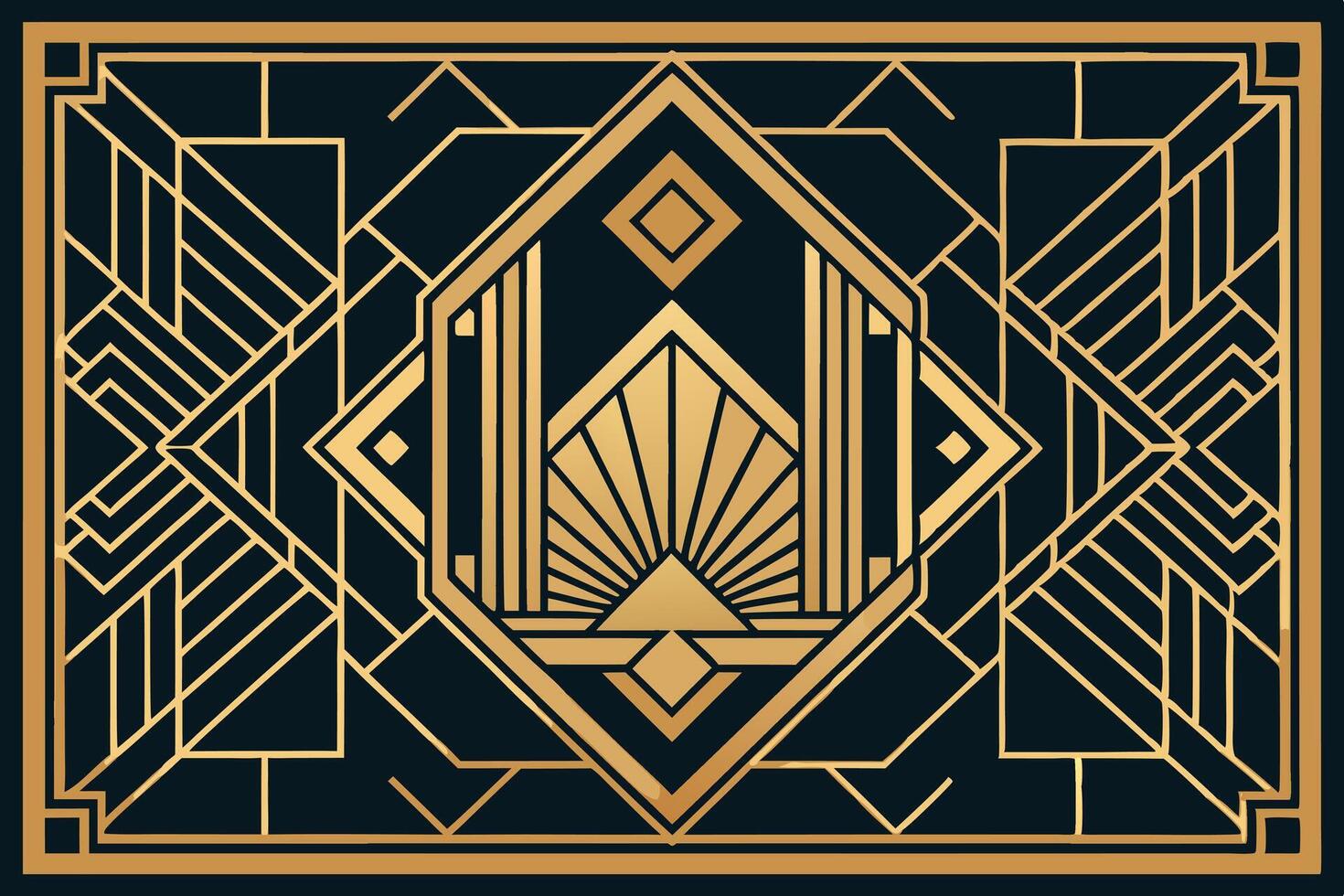 Beautiful gold geometric Art Deco style pattern with a black background, showcasing refined, symmetrical shapes and a high end aesthetic vector