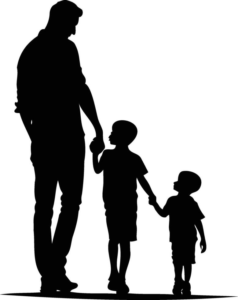 silhouette of a father holding hands with their kids. fathers day template design. dad and son walking together. vector