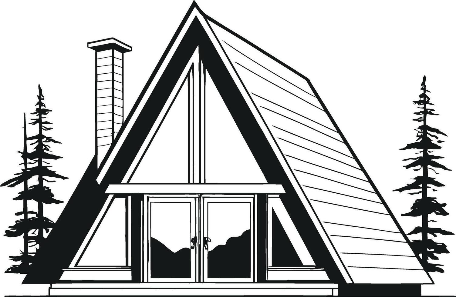 Vintage retro hand drawn triangle wooden cabin cottage house in the forest. Hand drawn forest hut with triangle roof vector